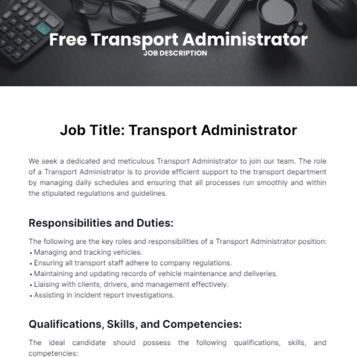 Free Transport Administrator Job Description Template