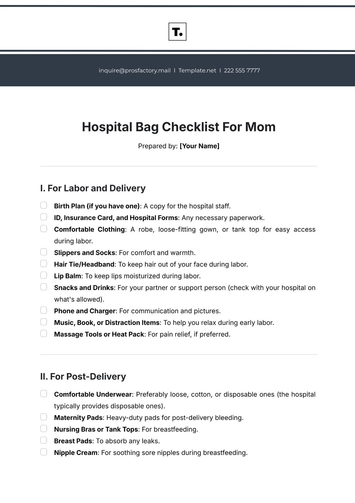 Hospital Bag Checklist For Mom Template - Edit Online & Download