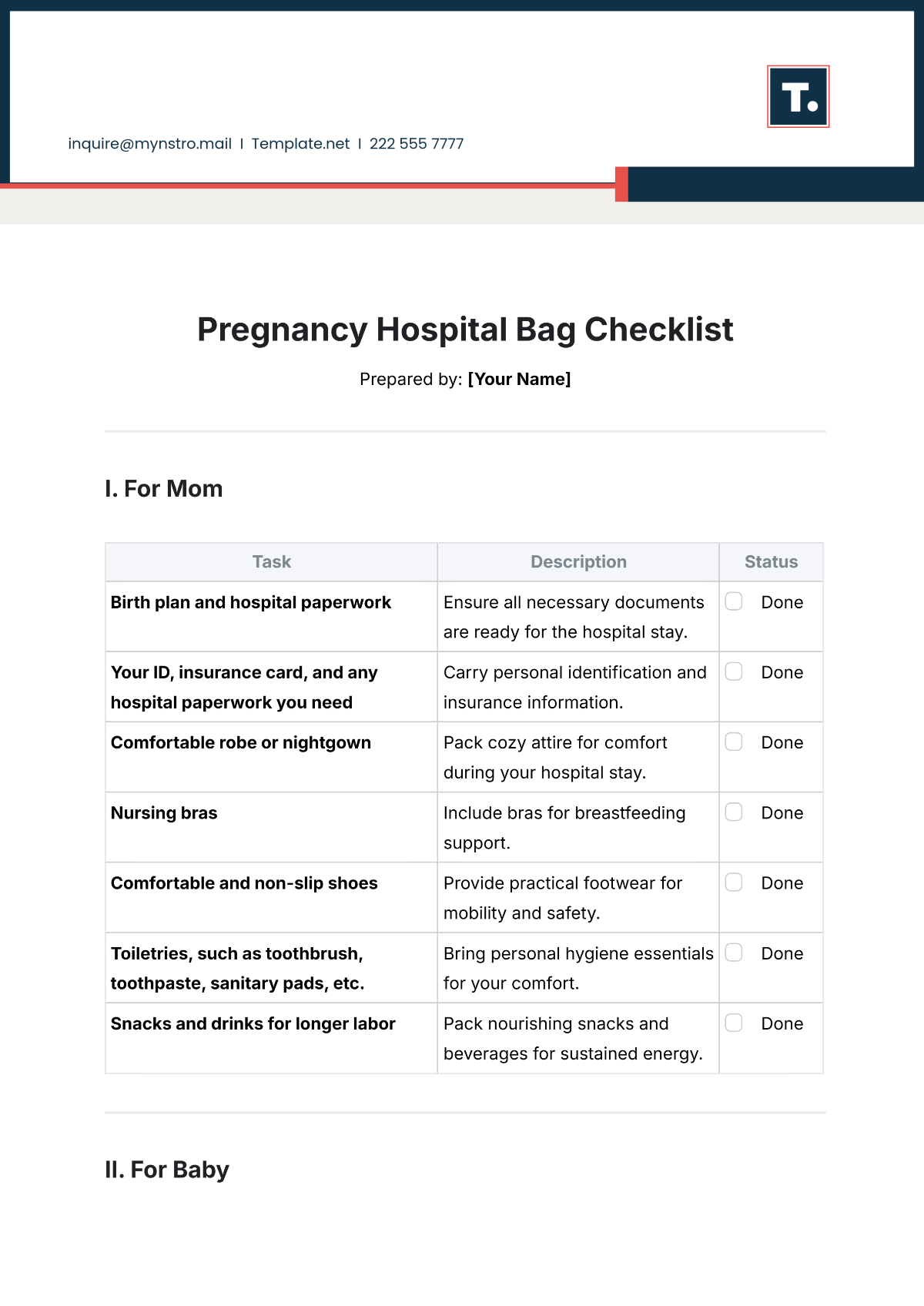 Pregnancy Hospital Bag Checklist Template - Edit Online & Download