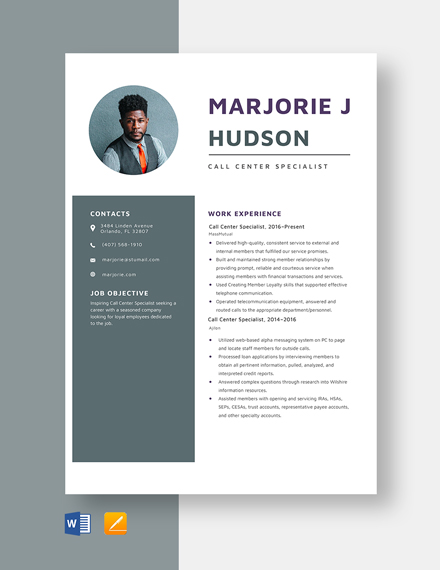 No Experience Call Center Resume Template - InDesign, Word, Apple Pages ...