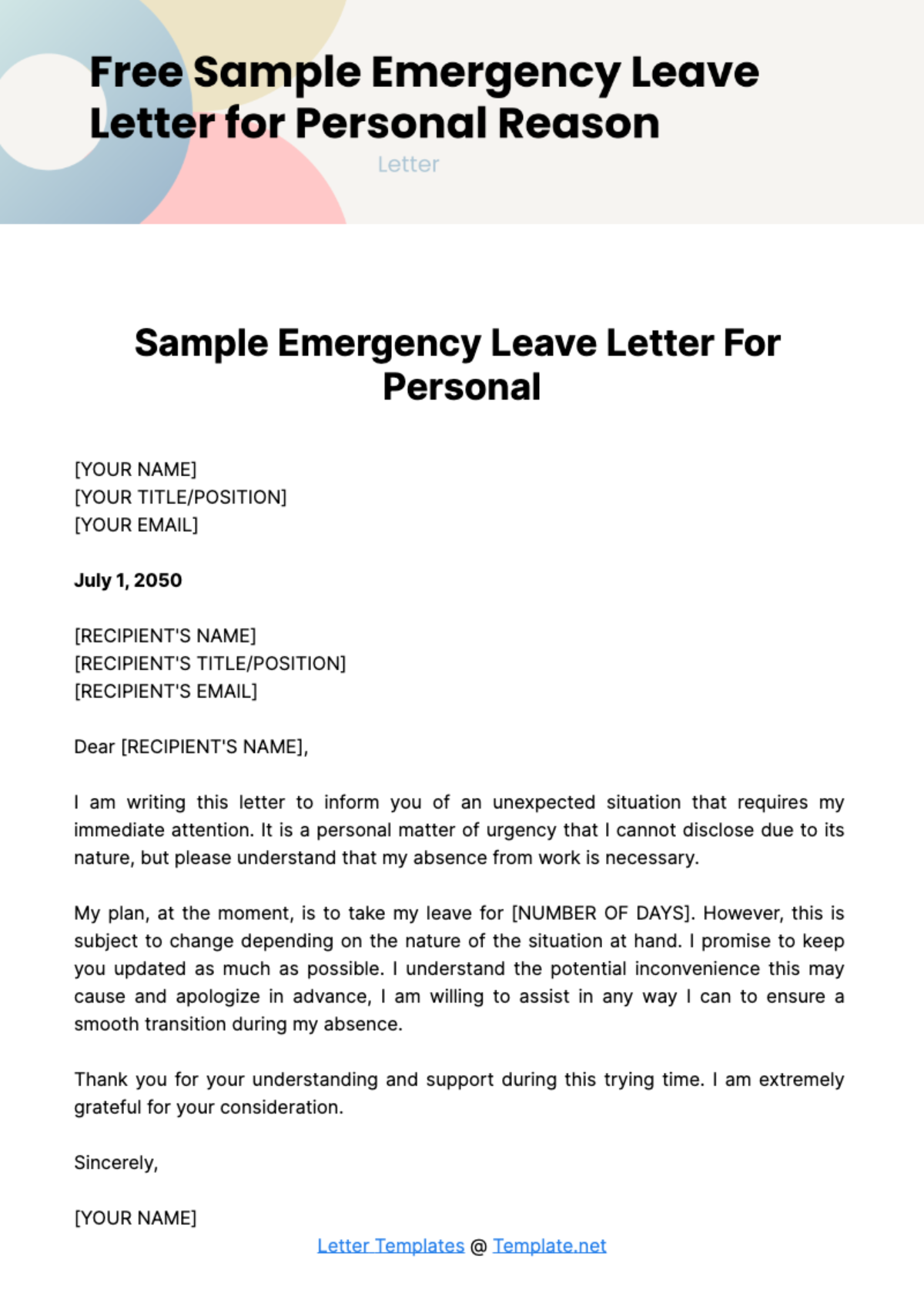 Free Sample Emergency Leave Letter for Personal Reason Template