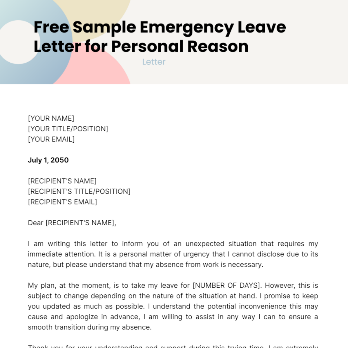 Sample Emergency Leave Letter for Personal Reason Template