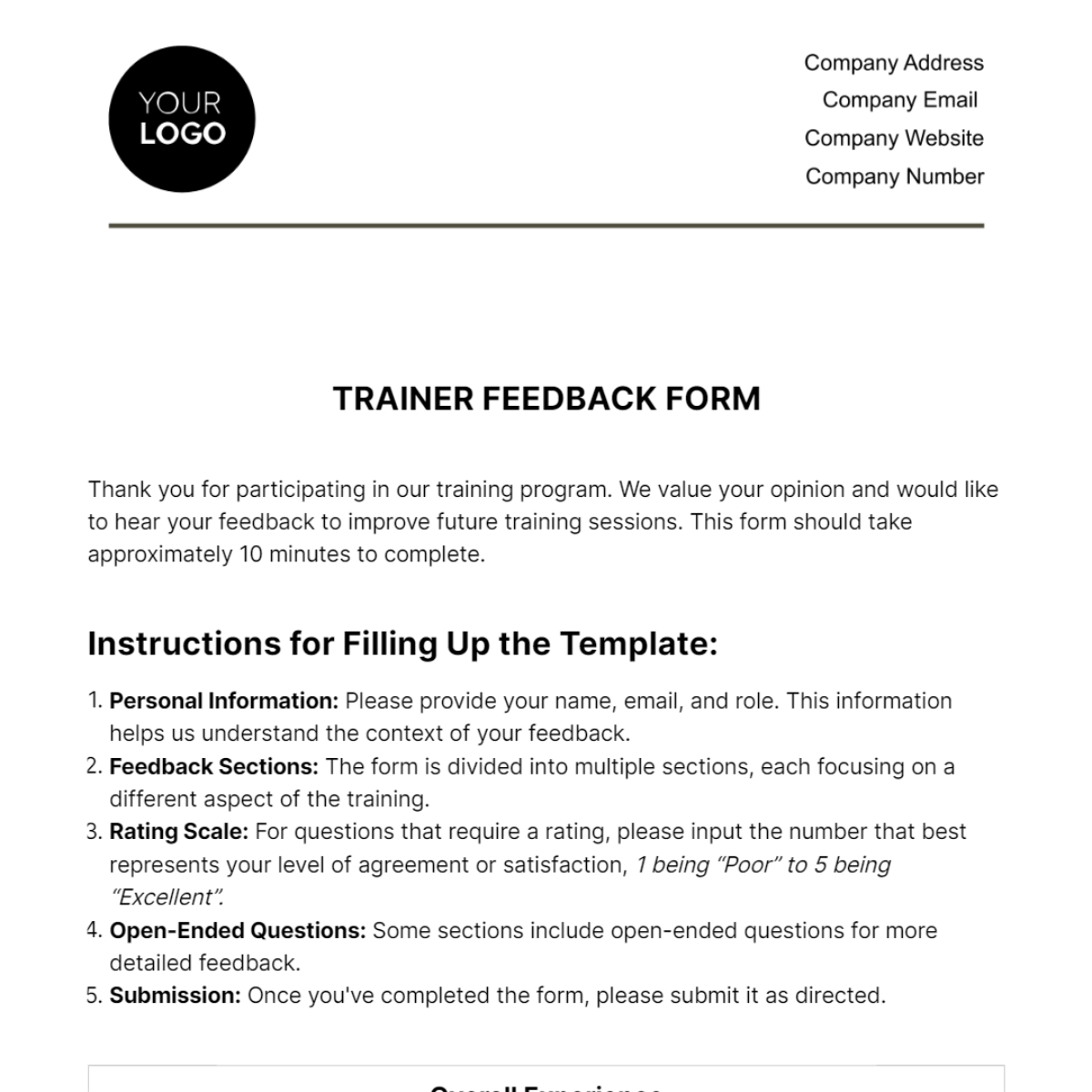 Training Feedback Form HR Template