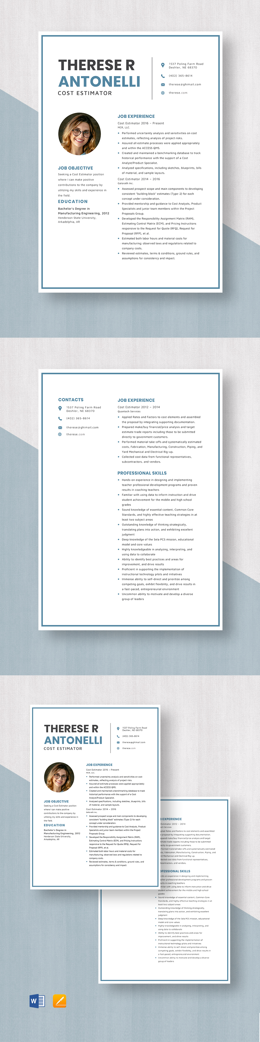 Mechanical Estimator Resume Template Word, Apple Pages