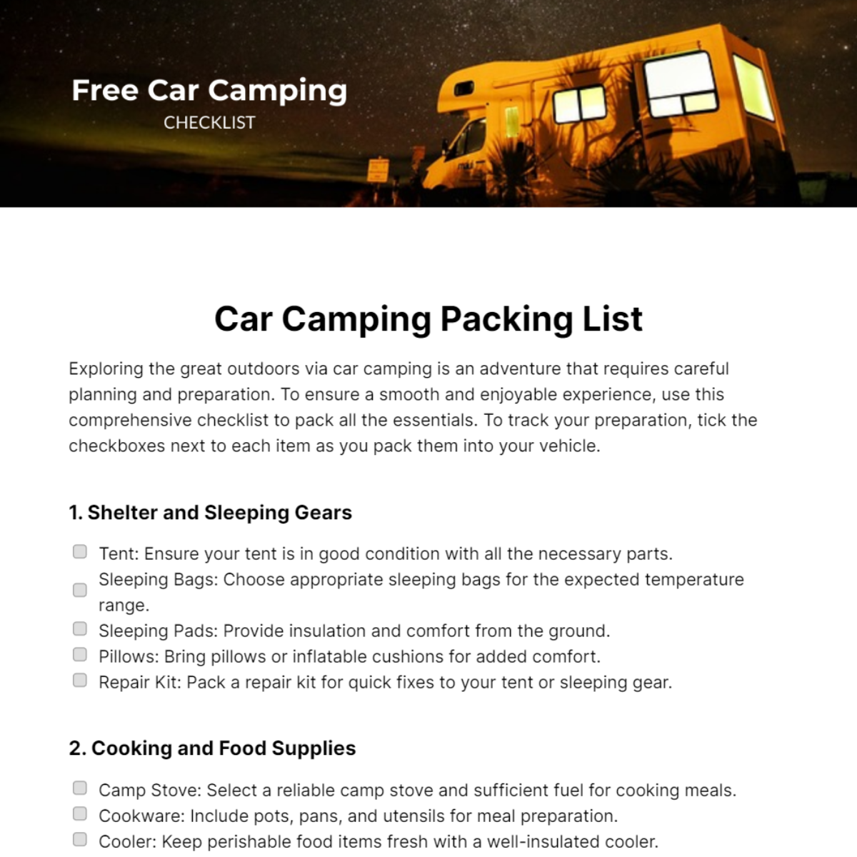 Car Camping Checklist Template