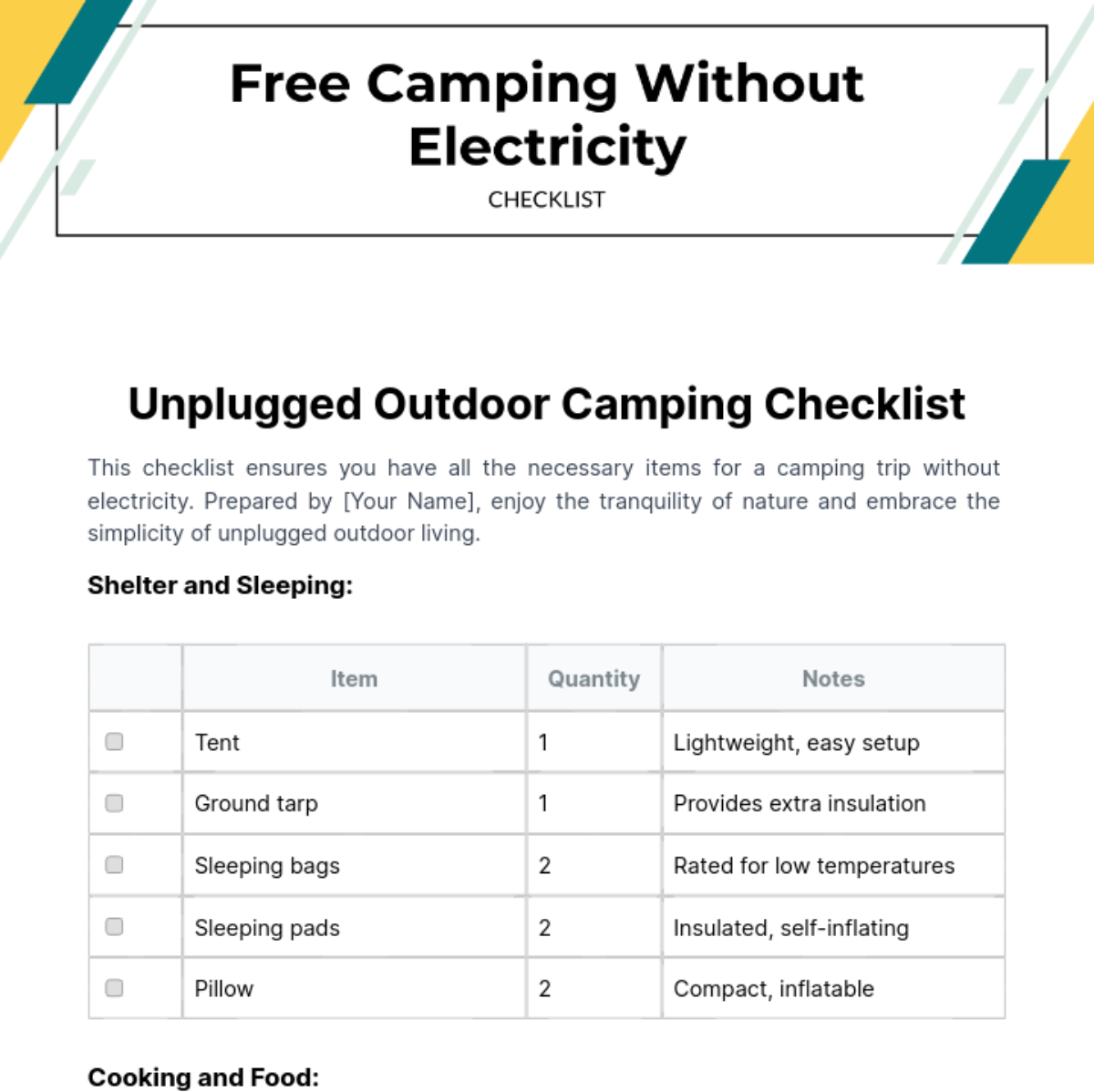 Camping Without Electricity Checklist Template