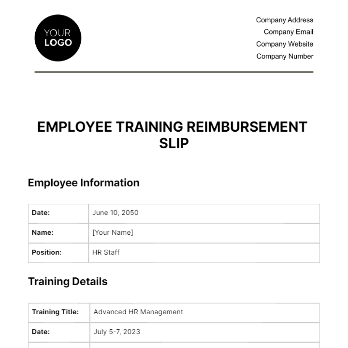 Employee Training Reimbursement Slip HR Template