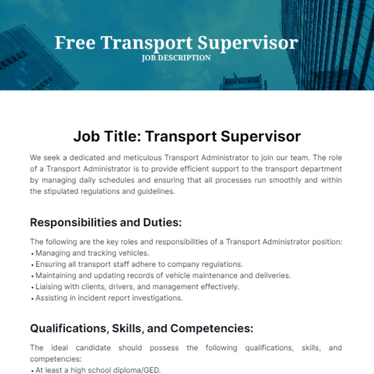 Free Transport Supervisor Job Description Template