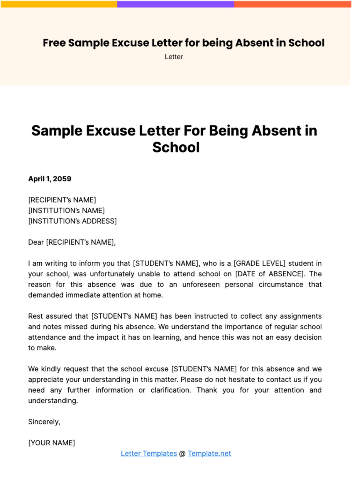 Free Sample Excuse Letter for being Absent in School Template