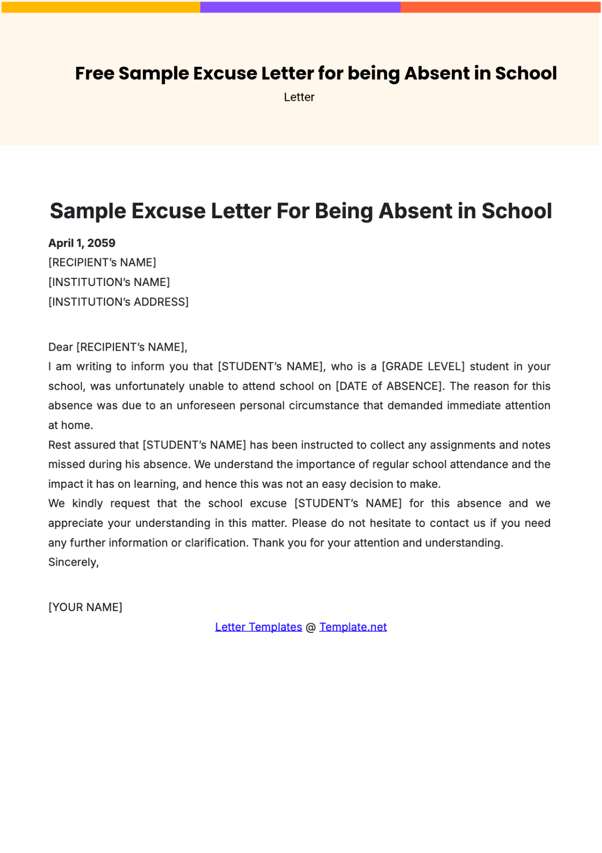 Sample Excuse Letter for being Absent in School Template - Edit Online & Download