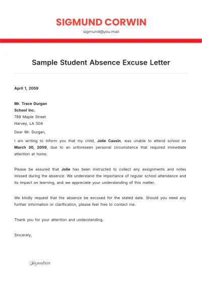 Free Sample Student Absence Excuse Letter Template to Edit Online