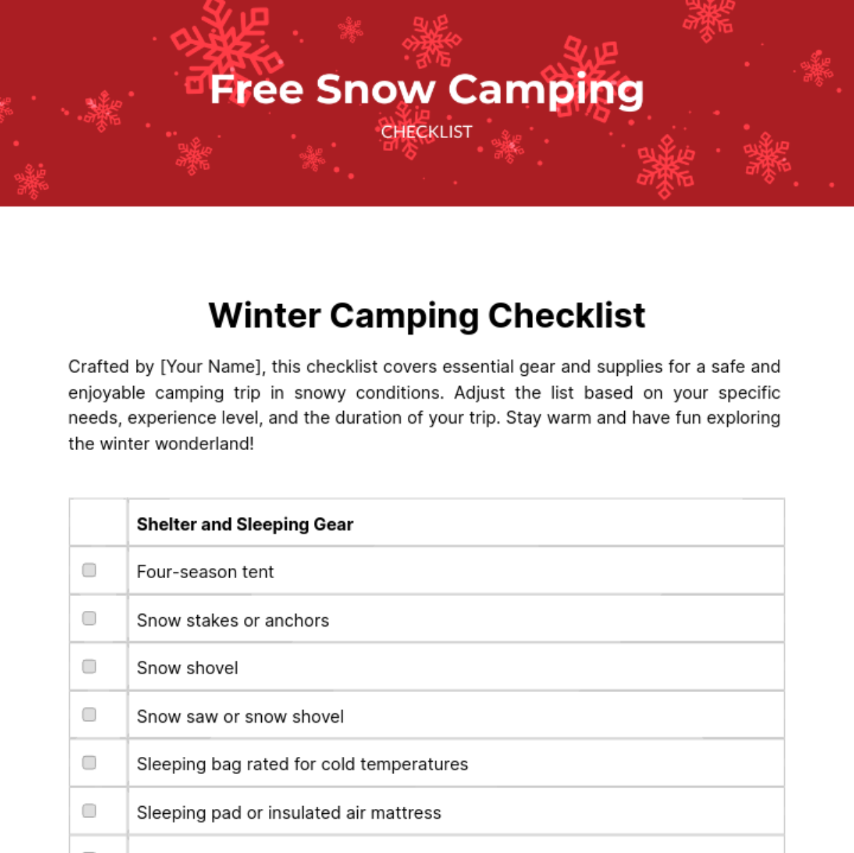 Snow Camping Checklist Template
