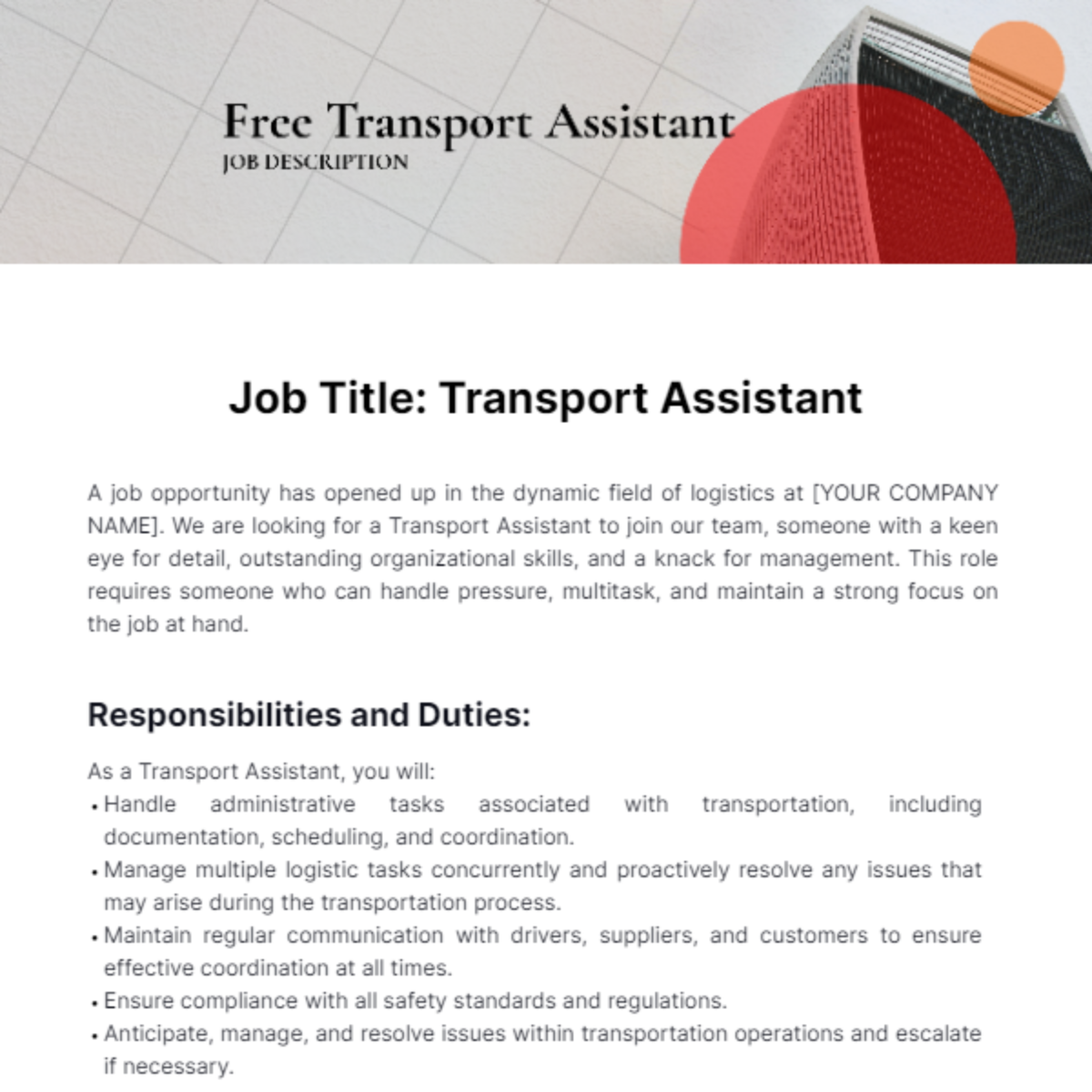 Free Transport Assistant Job Description Template