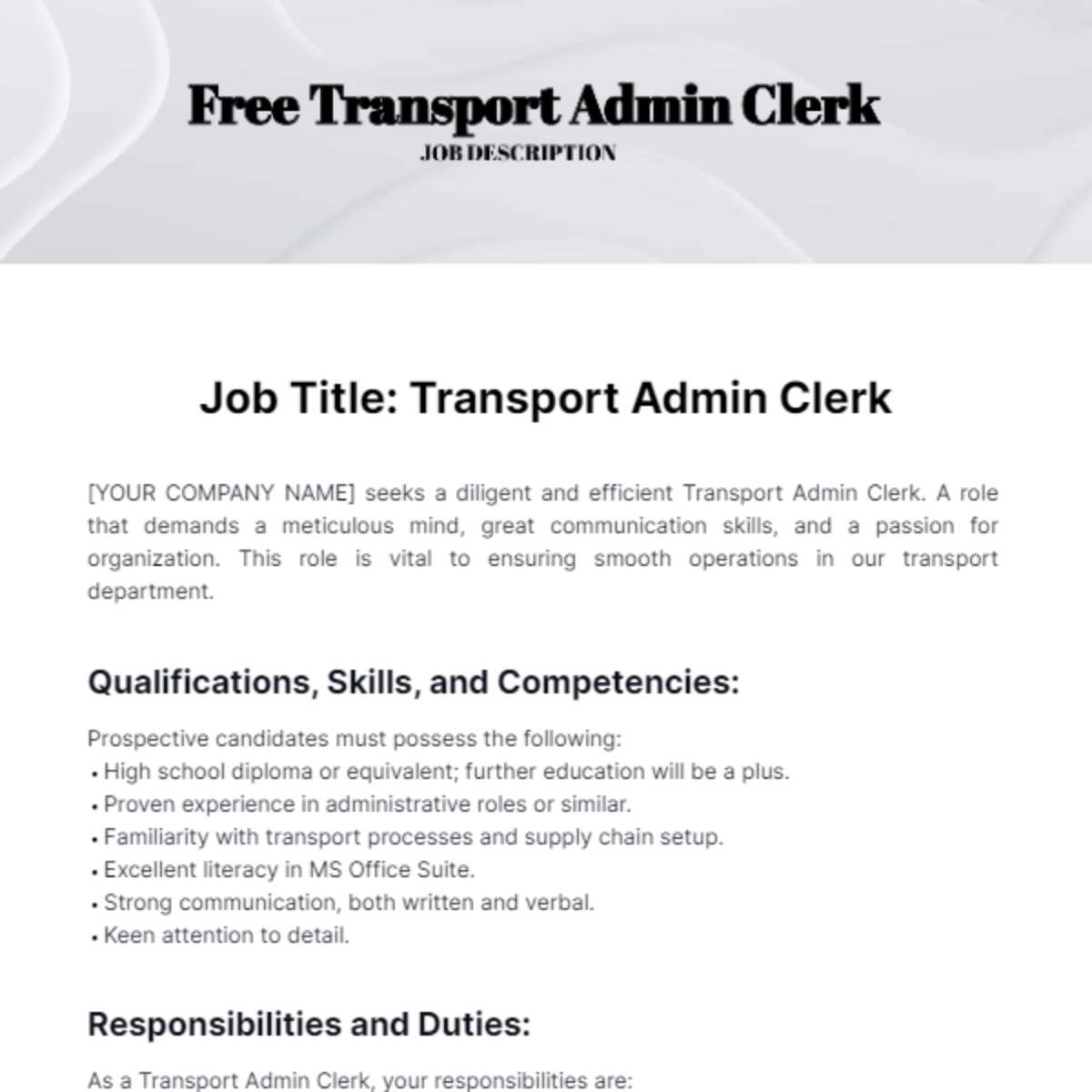 Free Transport Admin Clerk Job Description Template