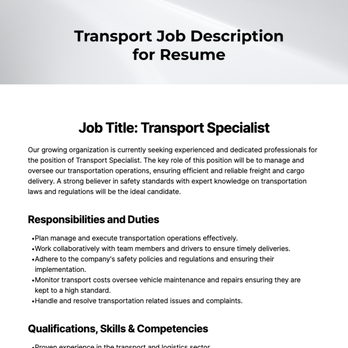 Free Transport Job Description for Resume Template