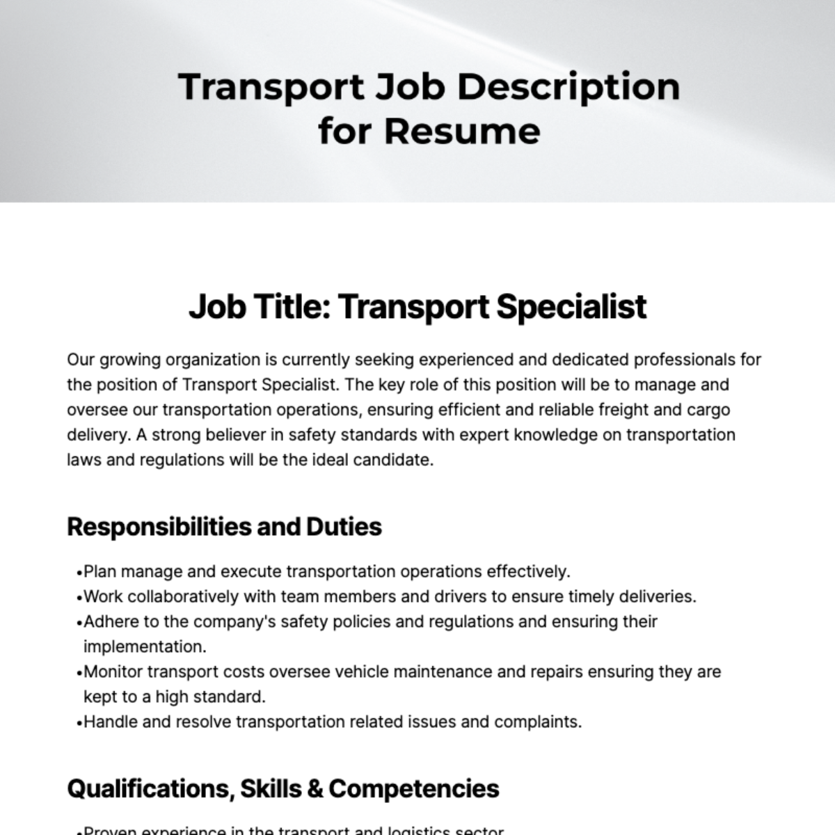 Transport Job Description for Resume Template - Edit Online & Download