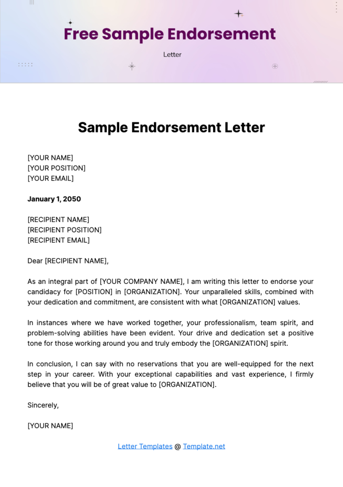 Free Sample Endorsement Letter Template