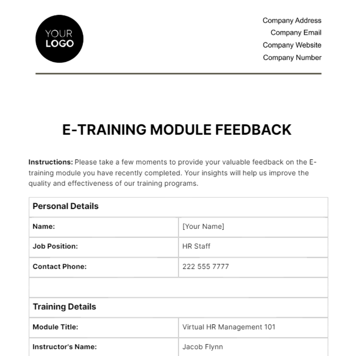 Free E-training Module Feedback HR Template