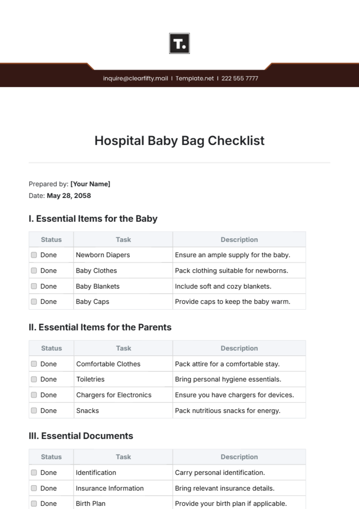 Hospital Baby Bag Checklist Template - Edit Online & Download