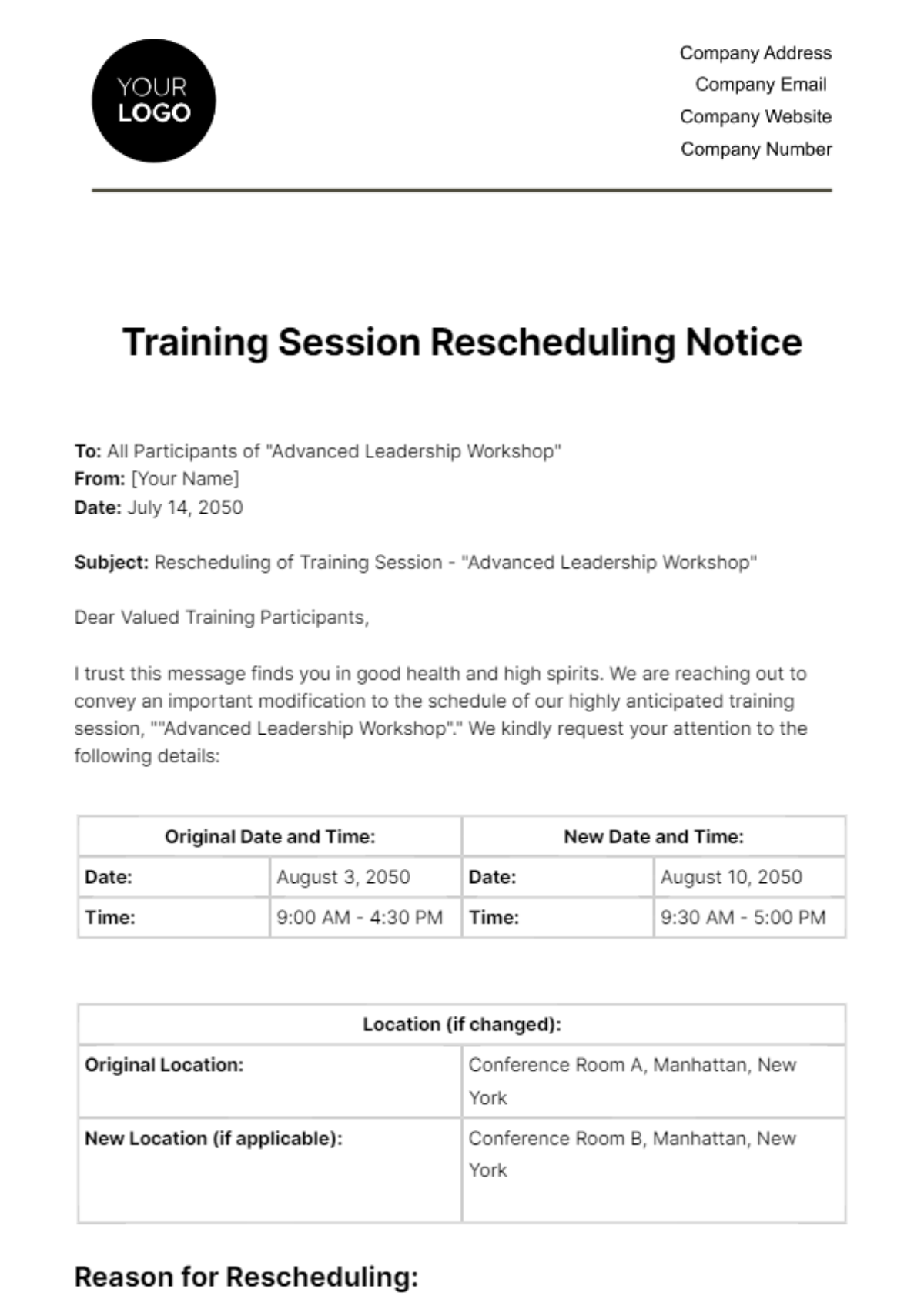 Training Session Rescheduling Notice HR Template