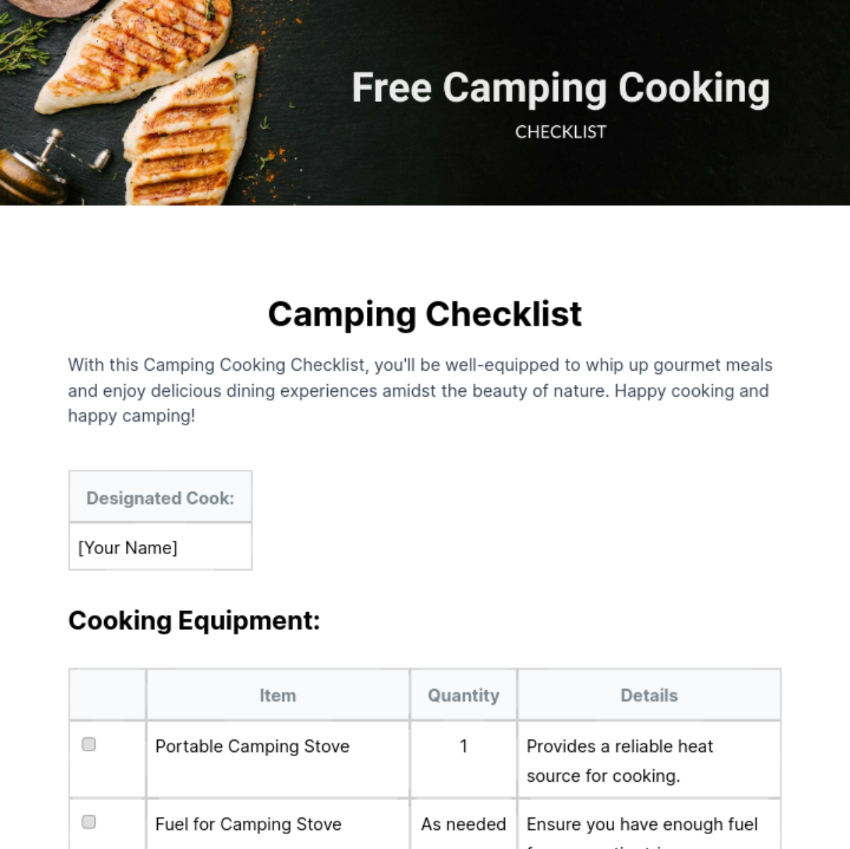 Camping Cooking Checklist Template
