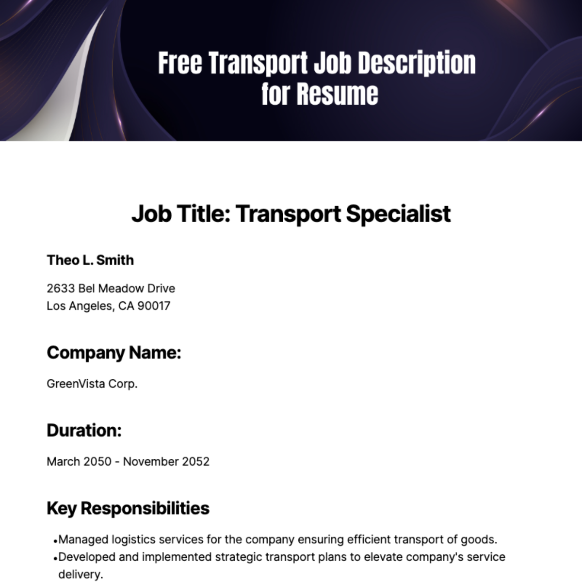 Transport Job Description for Resume Template