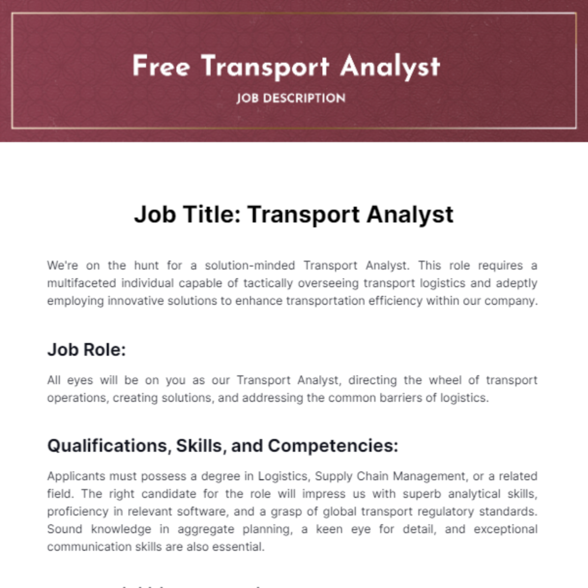 Free Transport Analyst Job Description Template