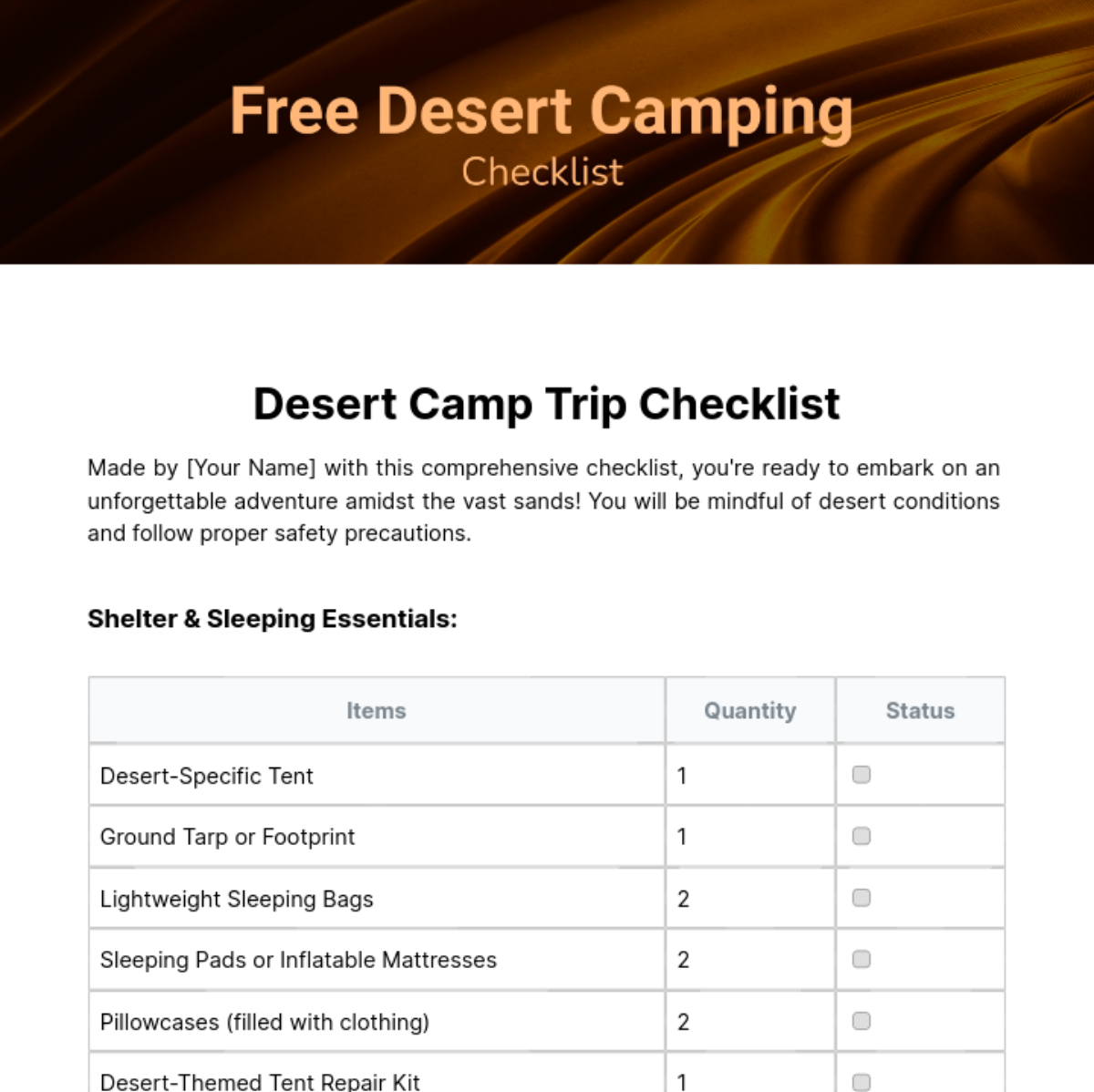 Desert Camping Checklist Template