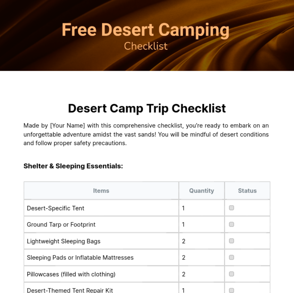 Desert Camping Checklist Template - Edit Online & Download