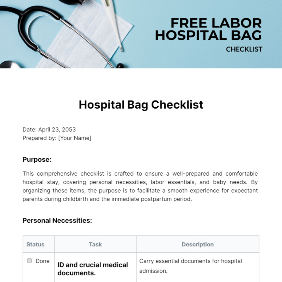 Labor Hospital Bag Checklist Template