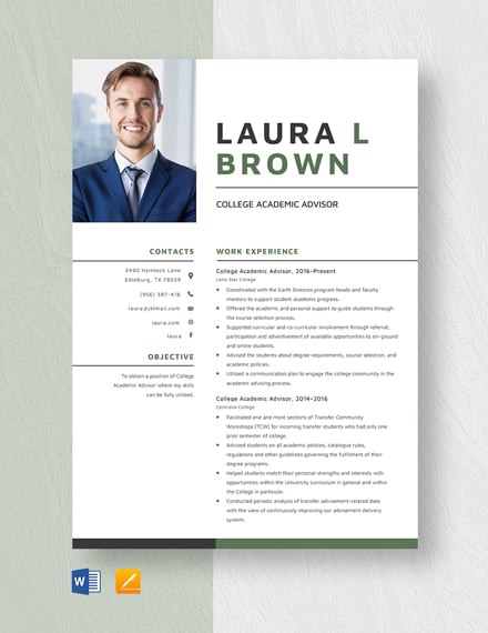 College Academic Advisor Resume Template Word DOC