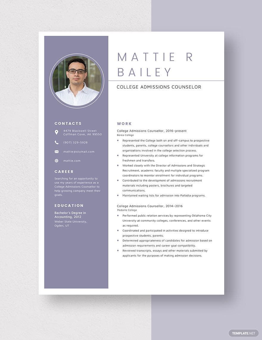 Free College Admissions Counselor Resume Template