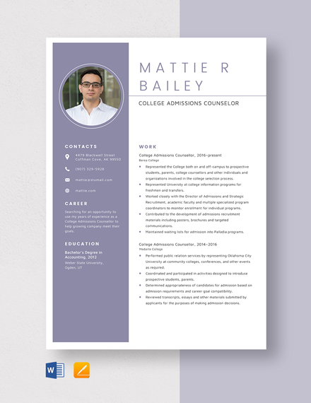 Free College Admissions Counselor Resume Template - Word, Apple Pages