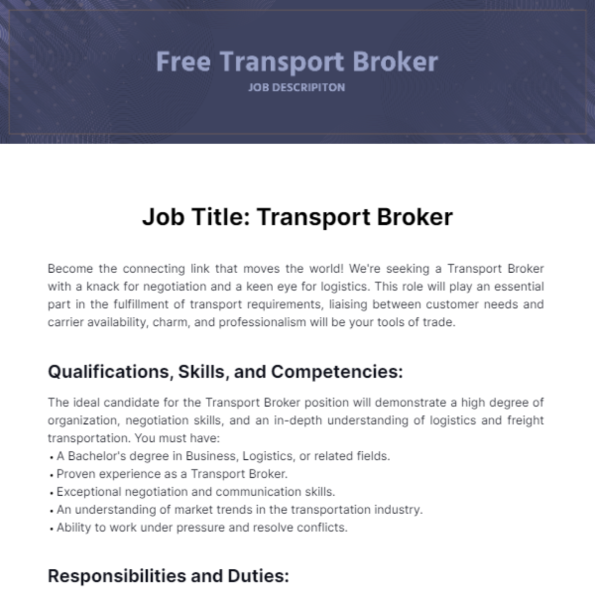 Free Transport Broker Job Description Template