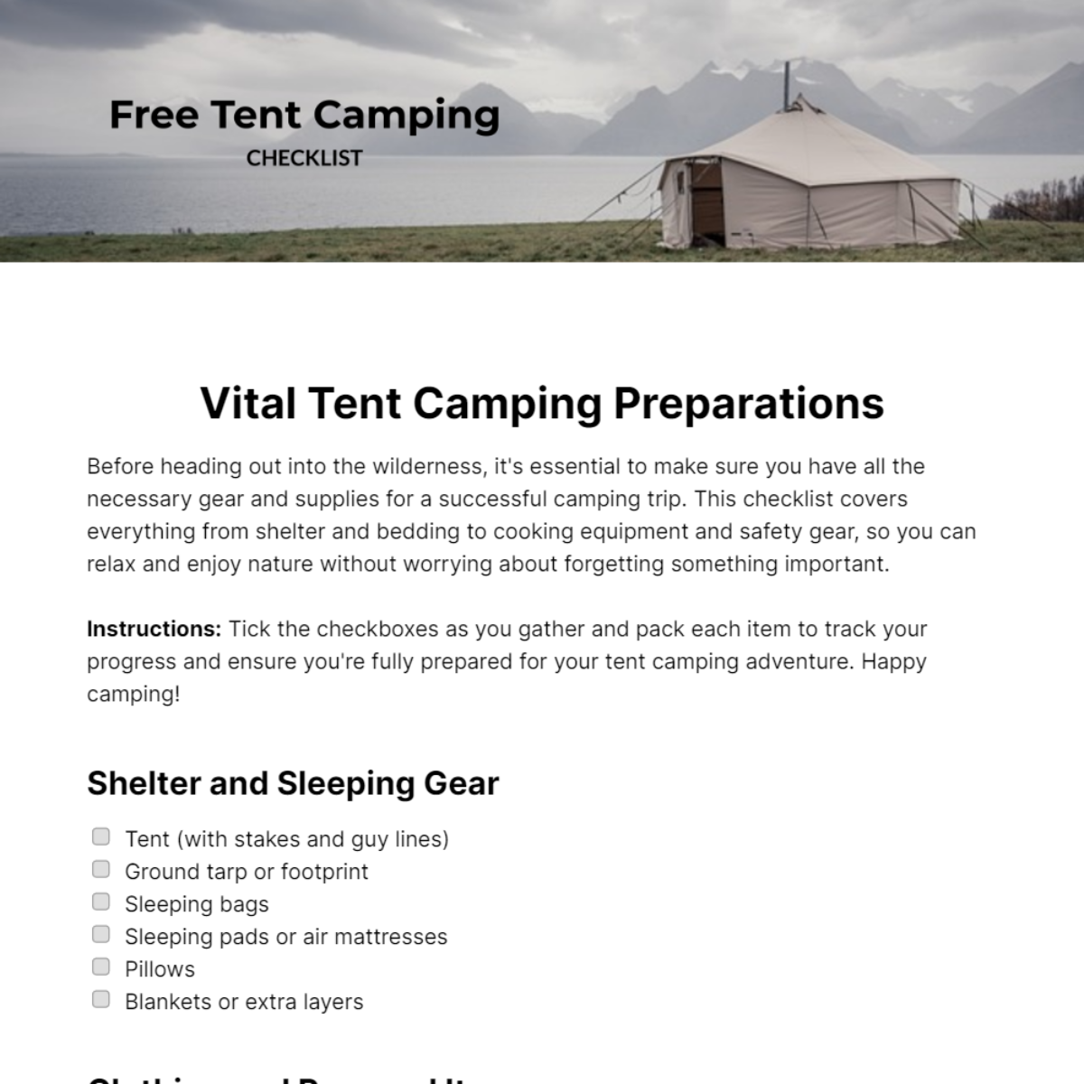 Tent Camping Checklist Template