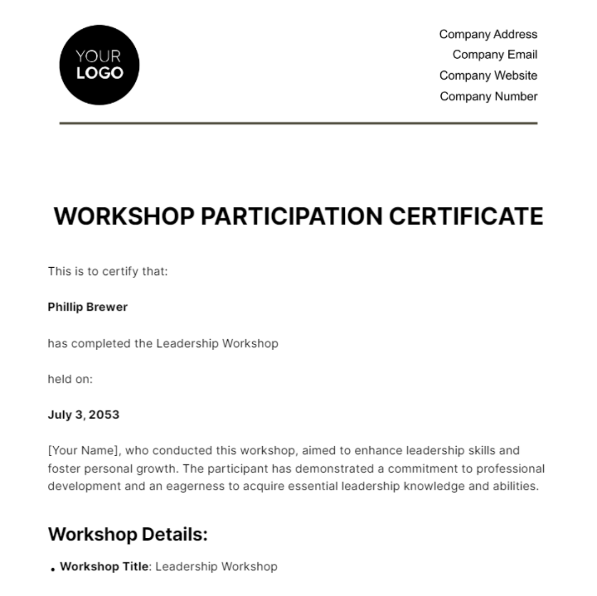 Free Workshop Participation Certificate HR Template