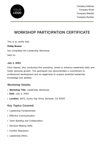 Free Workshop Participation Certificate HR Template to Edit Online