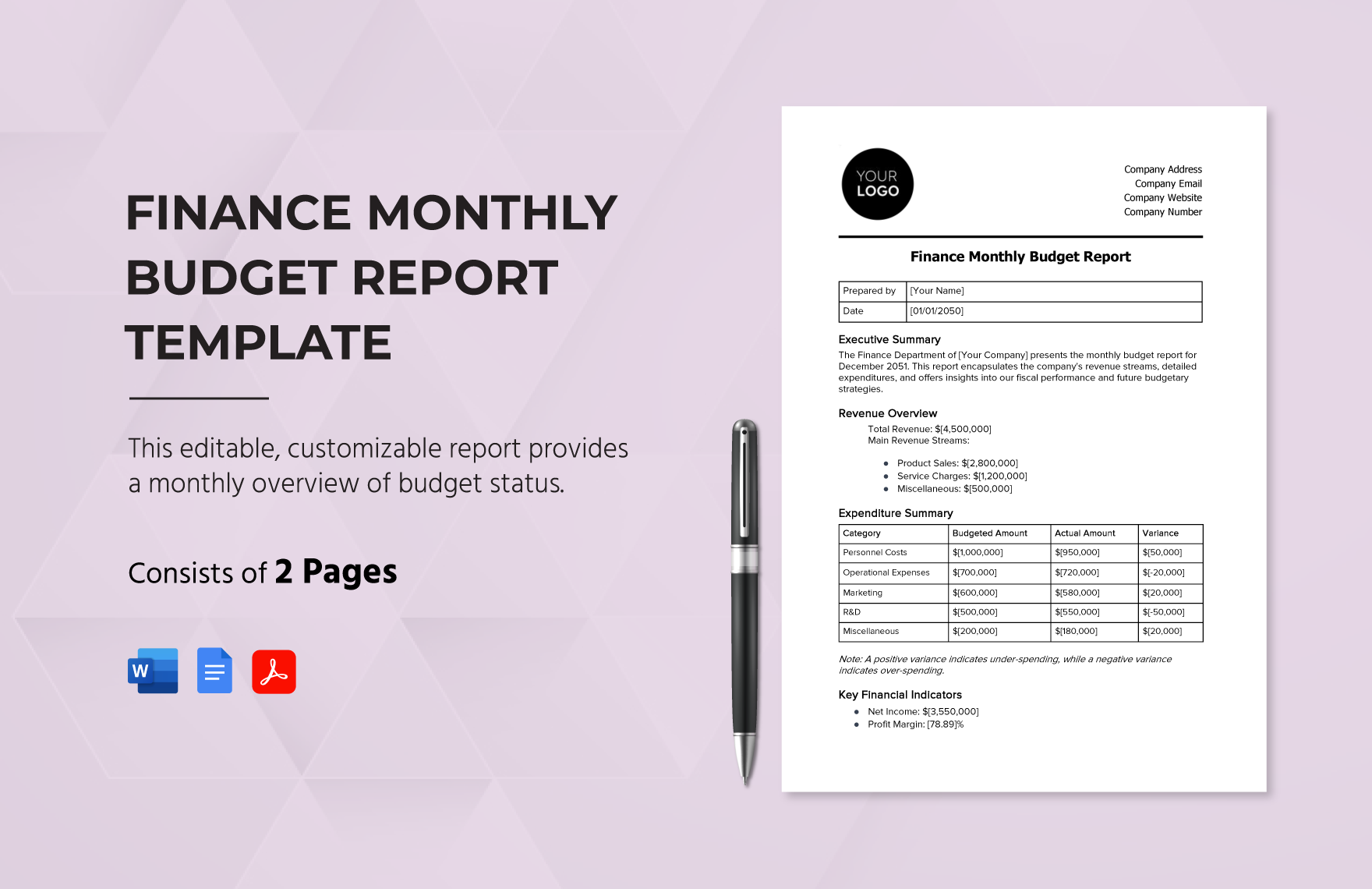 Finance Monthly Budget Report Template