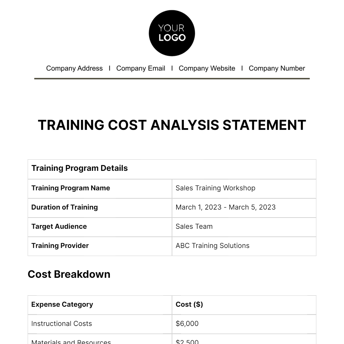 Training Cost Analysis Statement HR Template
