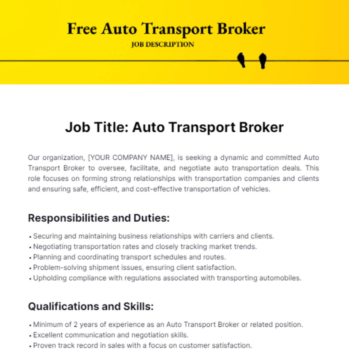 Auto Transport Broker Job Description Template