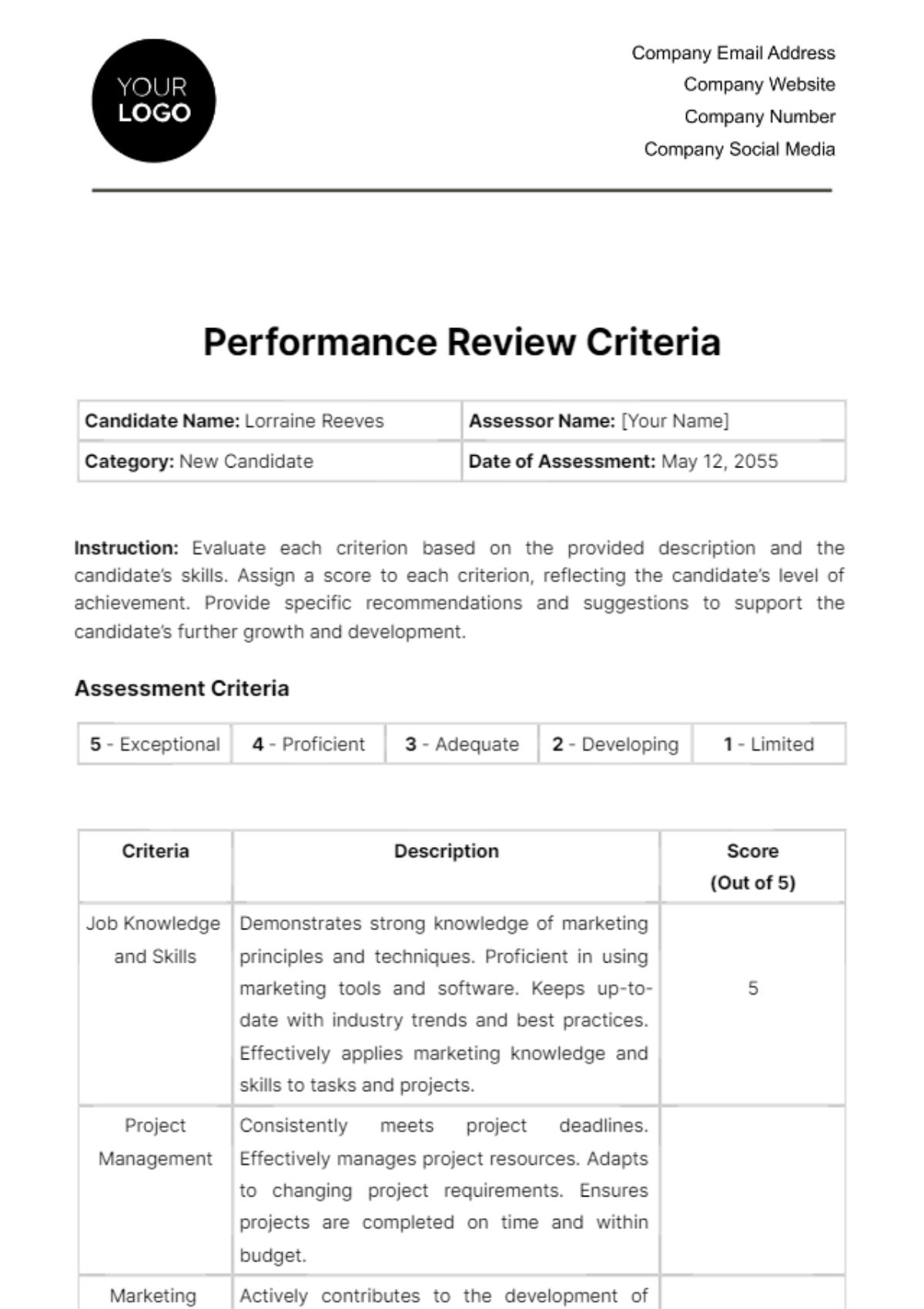Performance Review Criteria HR Template
