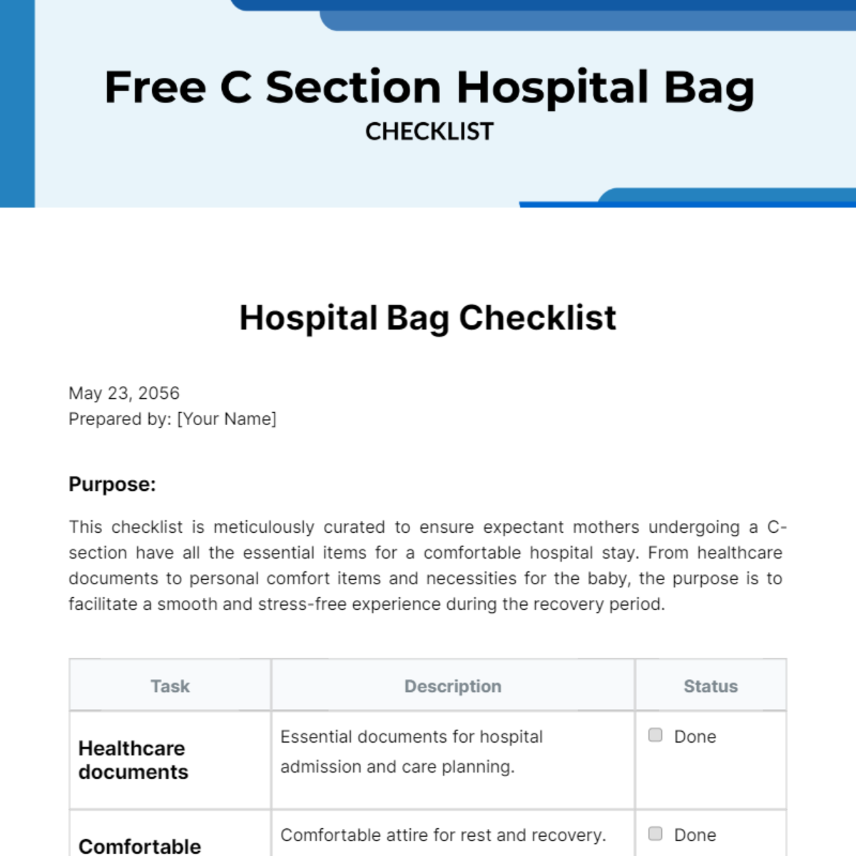 C Section Hospital Bag Checklist Template