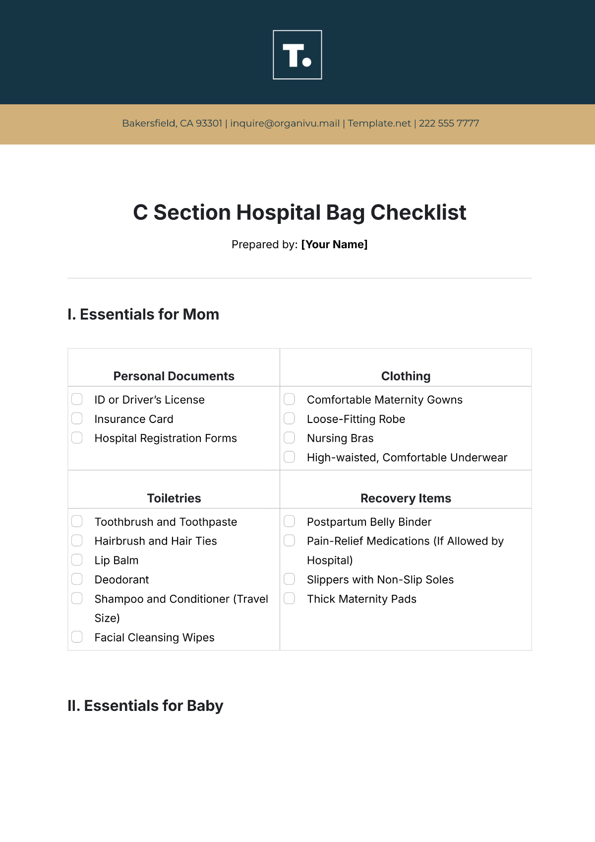 C Section Hospital Bag Checklist Template - Edit Online & Download