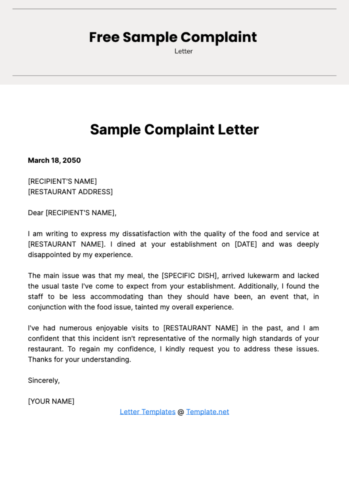 Free Sample Complaint Letter Template