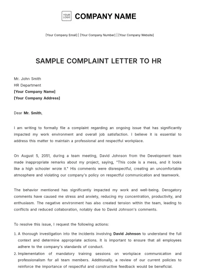 Free Sample Complaint Letter to HR Template to Edit Online