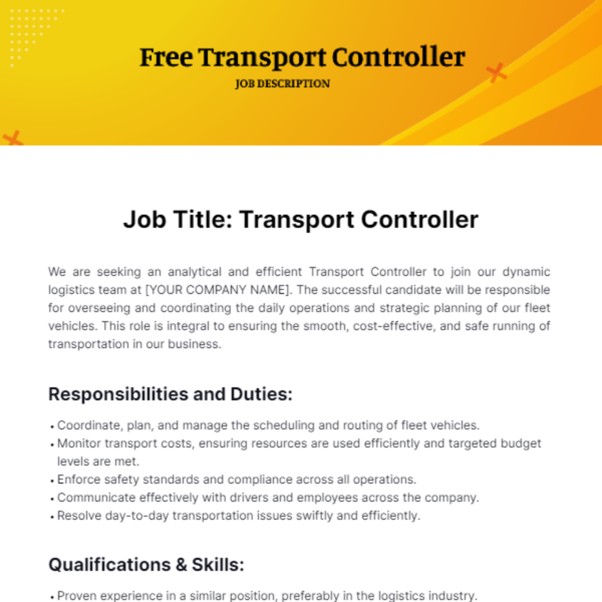 Free Transport Controller Job Description Template