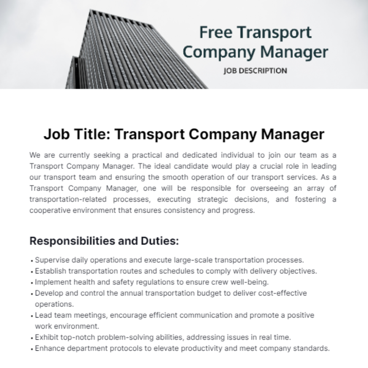 Free Transport Company Manager Job Description Template