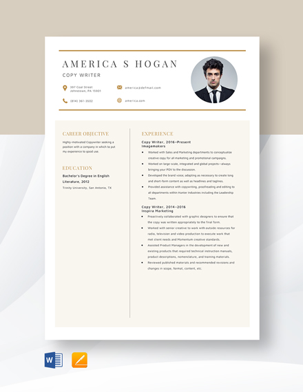 Copywriter Resume Template - Word, Apple Pages