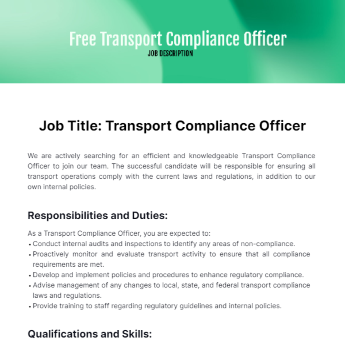 Free Transport Compliance Officer Job Description Template
