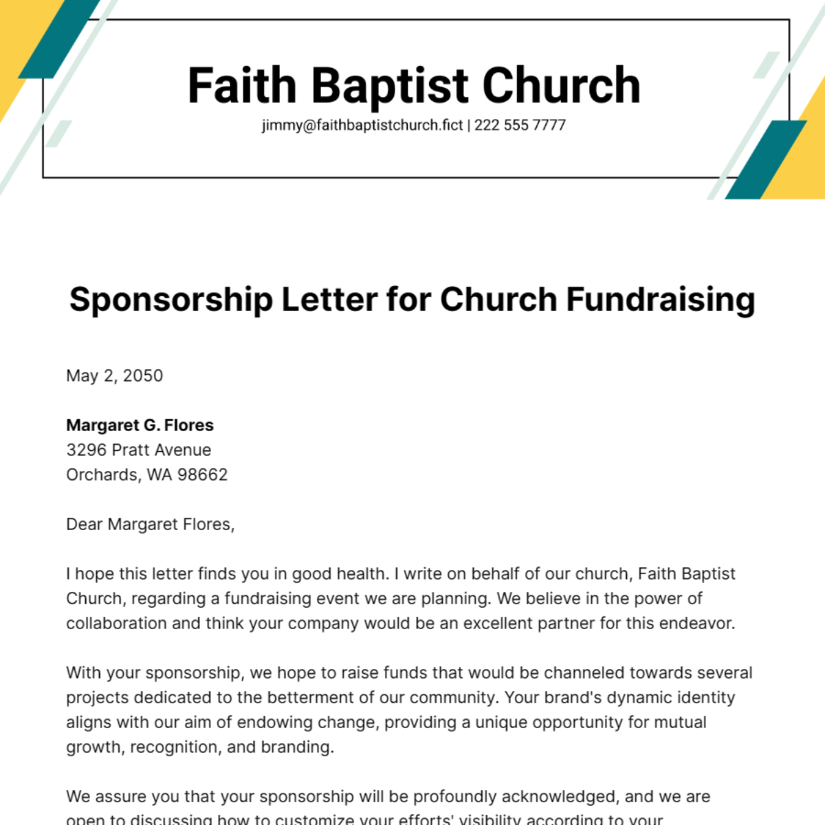 Sponsorship Letter for Church Fundraising Template